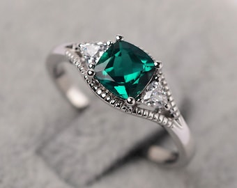Split Shank Engagement Ring Vintage Emerald Promise Ring Sterling Silver Cushion Cut May Birthstone