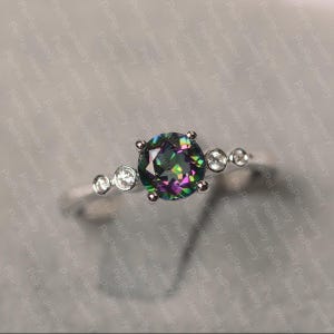 Mystic topaz ring white gold engagement ring round shape 5 stone rainbow gemstone ring