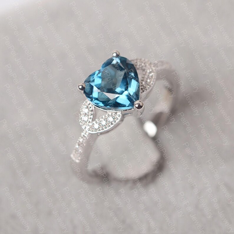 London Blue Topaz Ring Heart Cut Sterling Silver Engagement Ring for ...