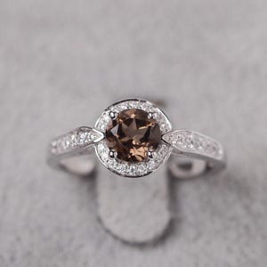 Smoky quartz ring sterling silver engagement ring for women round cut brown gemstone ring