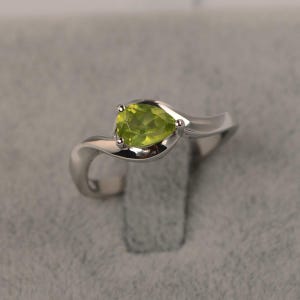 Peridot ring sterling silver solitaire engagement ring for women August birthstone ring