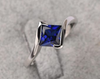 Bypass sapphire ring sterling silver princess cut September birthstone ring solitaire engagement ring
