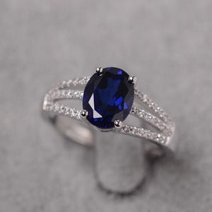 Sapphire ring engagement silver oval cut September birthstone ring for women