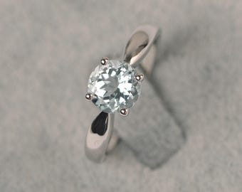 Aquamarine ring March birthstone round cut white gold solitaire engagement ring for women