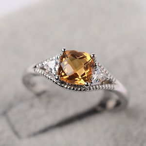 November Birthstone Milgrain Engagement Ring Cushion Cut 14k White Gold Citrine Anniversary Ring