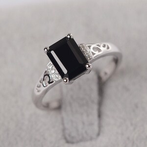Black spinel ring for women emerald cut sterling silver