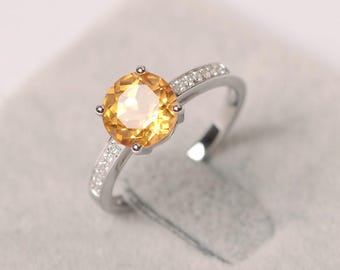 Citrine ring November Birthstone round cut yellow stone white gold engagement ring for women
