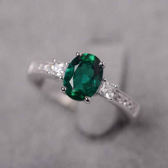Lab emerald ring oval cut green stone ring May birthstone sterling silver engagement ring for women