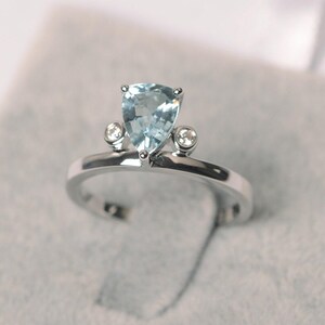 Aquamarine ring sterling silver engagement ring trillion cut March birthstone ring for women