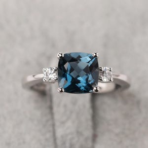 Genuine London blue topaz wedding ring cushion cut silver simple promise ring November birthstone