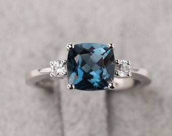 Genuine London blue topaz wedding ring cushion cut silver simple promise ring November birthstone