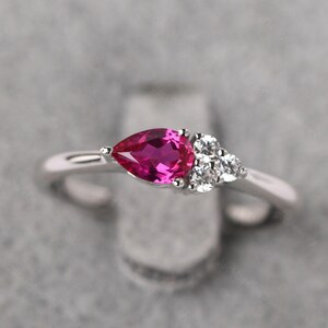 Unique July Birthstone Ring Sterling Silver Pear Shaped Ruby Cluster Anniversary Ring