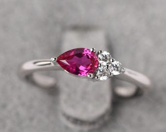 Unique July Birthstone Ring Sterling Silver Pear Shaped Ruby Cluster Anniversary Ring
