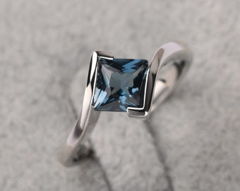 Sterling silver princess cut 6 mm London blue topaz ring minimalist promise ring November birthstone ring