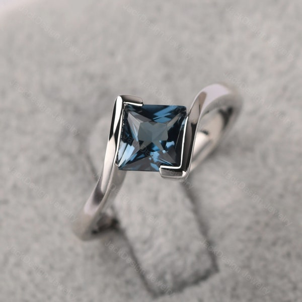 Sterling silver princess cut 6 mm London blue topaz ring minimalist promise ring November birthstone ring