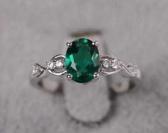 Anillo de esmeralda de corte ovalado con piedra de nacimiento de mayo, anillo de aniversario de plata esterlina para mujer