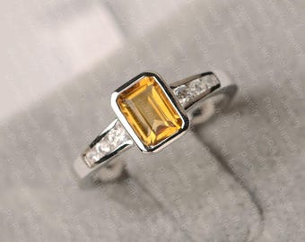 citrine ring bezel setting ring emerald cut yellow gemstone anniversary ring November Birthstone ring