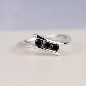 Black Spinel Bypass Ring Round Cut three stones Silver Engagement Ring