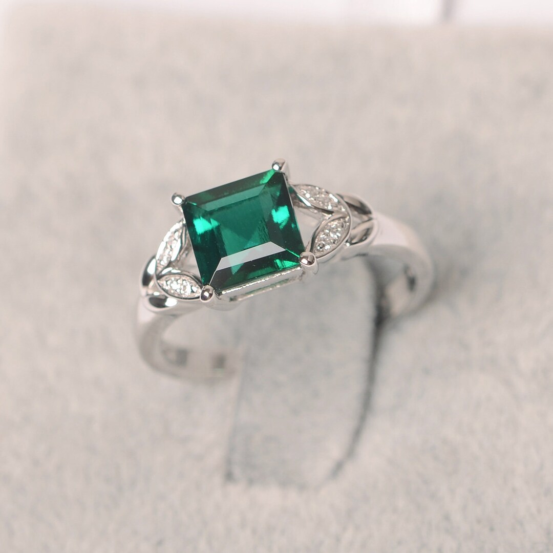 Emerald Ring Square Cut Sterling Silver Engagement Ring May - Etsy