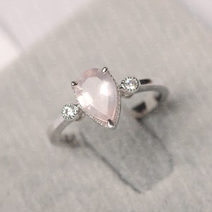Pink quartz ring sterling silver engagement ring pear cut pink stone ring