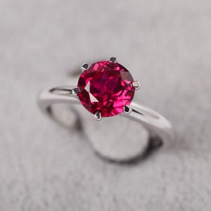 Ruby solitaire ring sterling silver engagement ring for women round cut July birthstone red gemstone ring