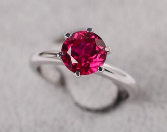 Ruby solitaire ring sterling silver engagement ring for women round cut July birthstone red gemstone ring