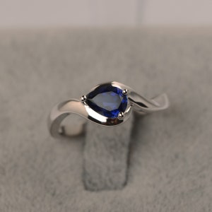 Blue sapphire engagement ring September birthstone pear cut sterling silver solitaire ring for women