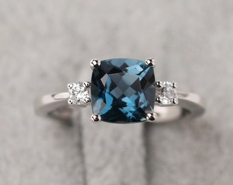Genuine London blue topaz wedding ring cushion cut silver simple promise ring November birthstone