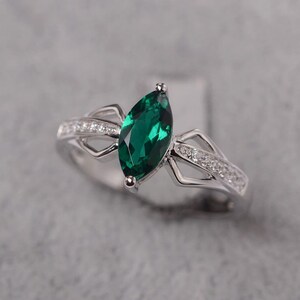 Emerald ring marquise cut May birthstone sterling silver engagement ring