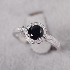 Black spinel ring round cut black gemstone sterling silver engagement ring for women
