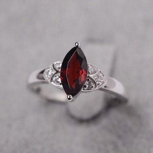 Garnet ring marquise cut red gemstone January birthstone ring sterling silver anniversary ring for women