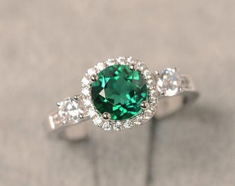 Emerald Ring, Round Cut Sterling Silver, May Birthstone