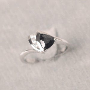 Black spinel ring sterling silver engagement ring for women trillion cut black stone ring