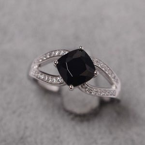 Black spinel ring sterling silver wedding ring for women cushion cut black gemstone ring