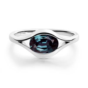 Minimalist Color Changing Alexandrite Engagement Ring 14K White Gold Oval Cut Bezel Setting June Birthstone Ring Split Shank Band Ring