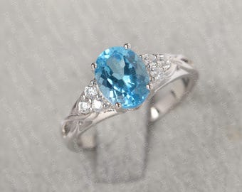 real Swiss blue topaz ring oval cut topaz rose gold ring November birthstone engamenet ring