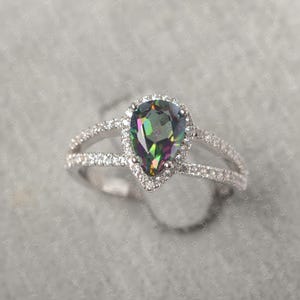 Split band rainbow topaz ring  pear shaped silver mystic topaz halo promise ring