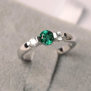 Emerald ring sterling silver three stone engagement ring for women