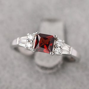 Garnet Engagement Ring Sterling Silver Princess Cut 5X5 mm January Birthstone Ring