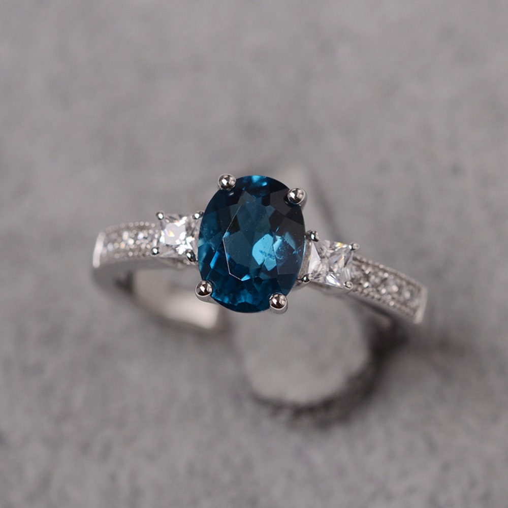 London Blue Topaz Ring Sterling Silver Engagement Ring for - Etsy