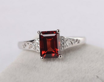 Garnet ring silver emerald cut rings for women January birthstone ring