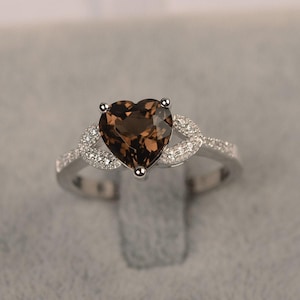 Smokey quartz ring heart cut white gold wedding ring for women