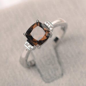 Smoky quartz ring white gold engagement ring cushion cut brown gemstone ring