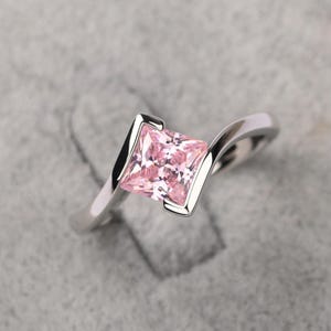 Princess cut minimalist pink cz ring sterling silver bypass cubic zirconia statement ring