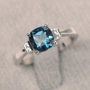 London blue topaz ring cushion cut silver engagement ring for women