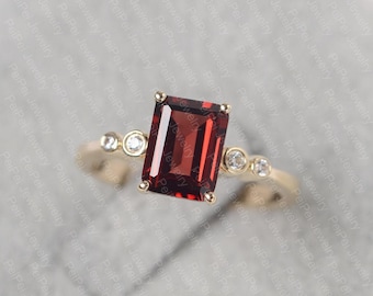 Garnet ring yellow gold January birthstone ring emerald cut red stone ring