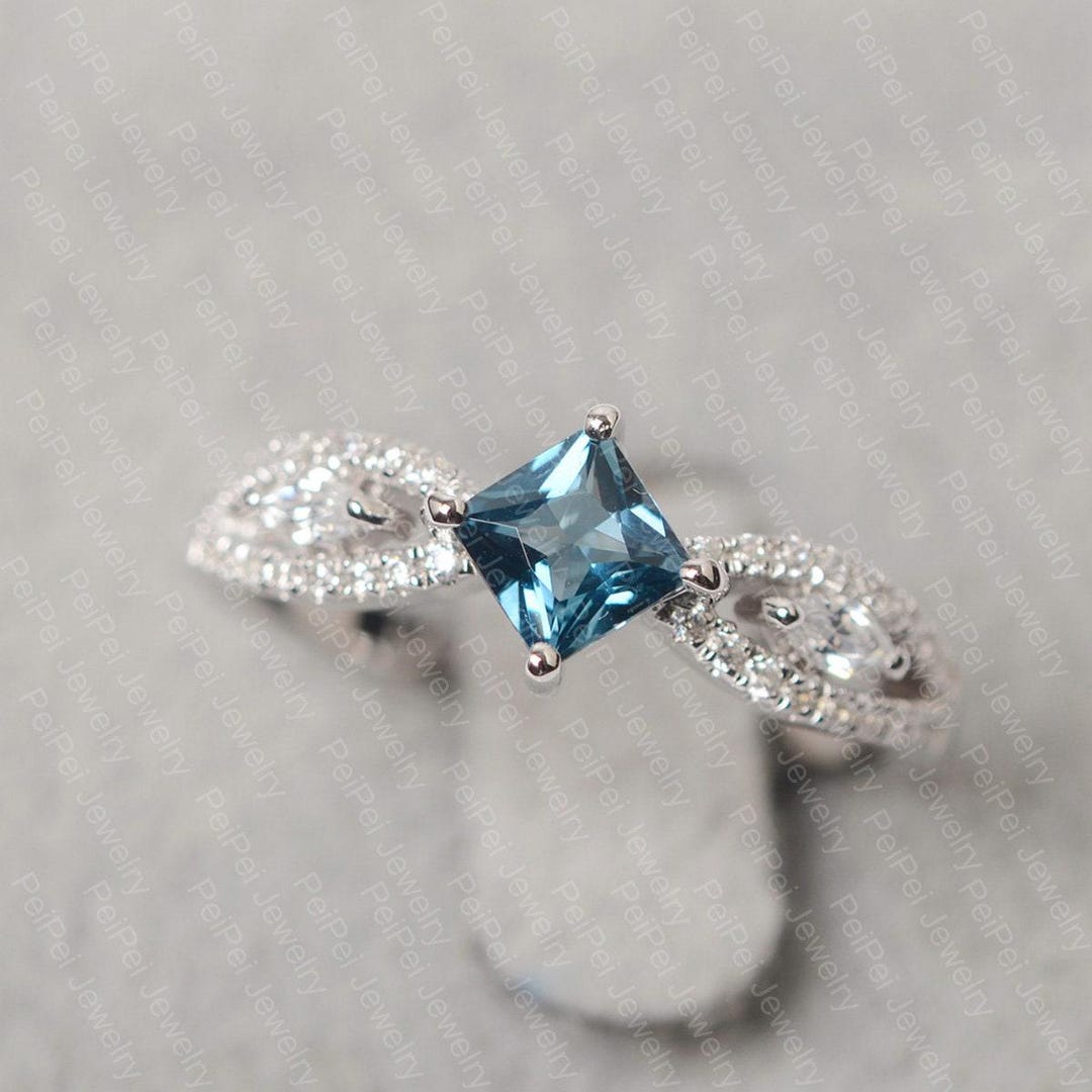London Blue Topaz Ring Princess Cut Sterling Silver Engagement Ring for ...