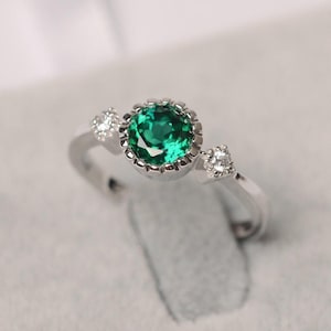 Emerald ring May birthstone white gold engagement ring for women round cut green gemstone ring