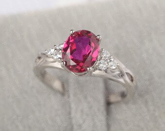 Anillo de compromiso con rubí, anillo de plata con rubí, anillo de oro con rubí de corte ovalado, piedra de nacimiento de julio.