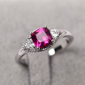 Split Shank Ruby Promise Ring Cushion Cut Sterling Silver Vintage Milgrain Ring July birthstone